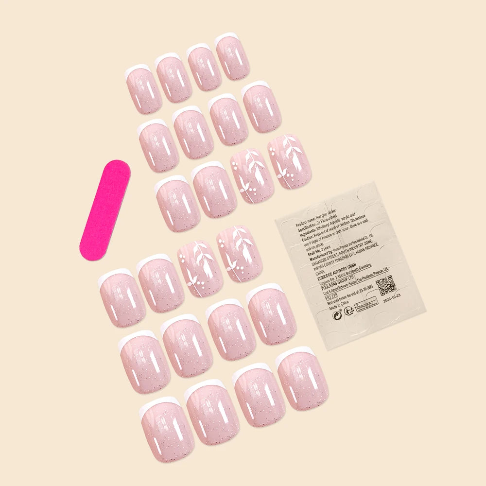 24Pcs/Set Short Size French Simplicity Glitter Pink Leaf Girls Women Full Coverage Wearable Fake Nails