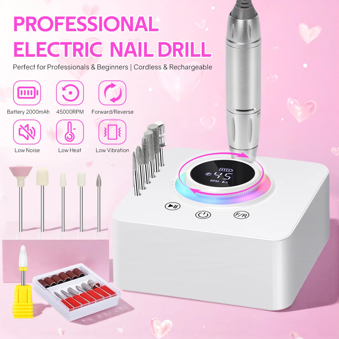 DianaBeauty 45000RPM Rechargeable Nail Drill Machine Nail Polish Polisher Electric Manicure Sander Low Noise Nail Salon Tools