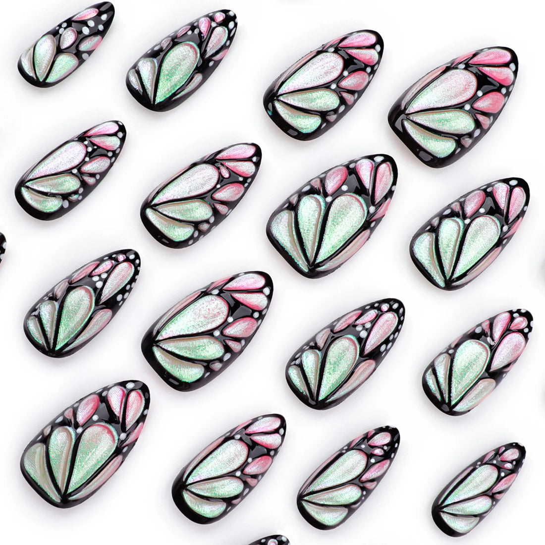 3D Butterfly Almond Nail Art Fashion Green Pearlescent Powder False Nails Detachable Finished Fake Nails Press on Nail with Glue