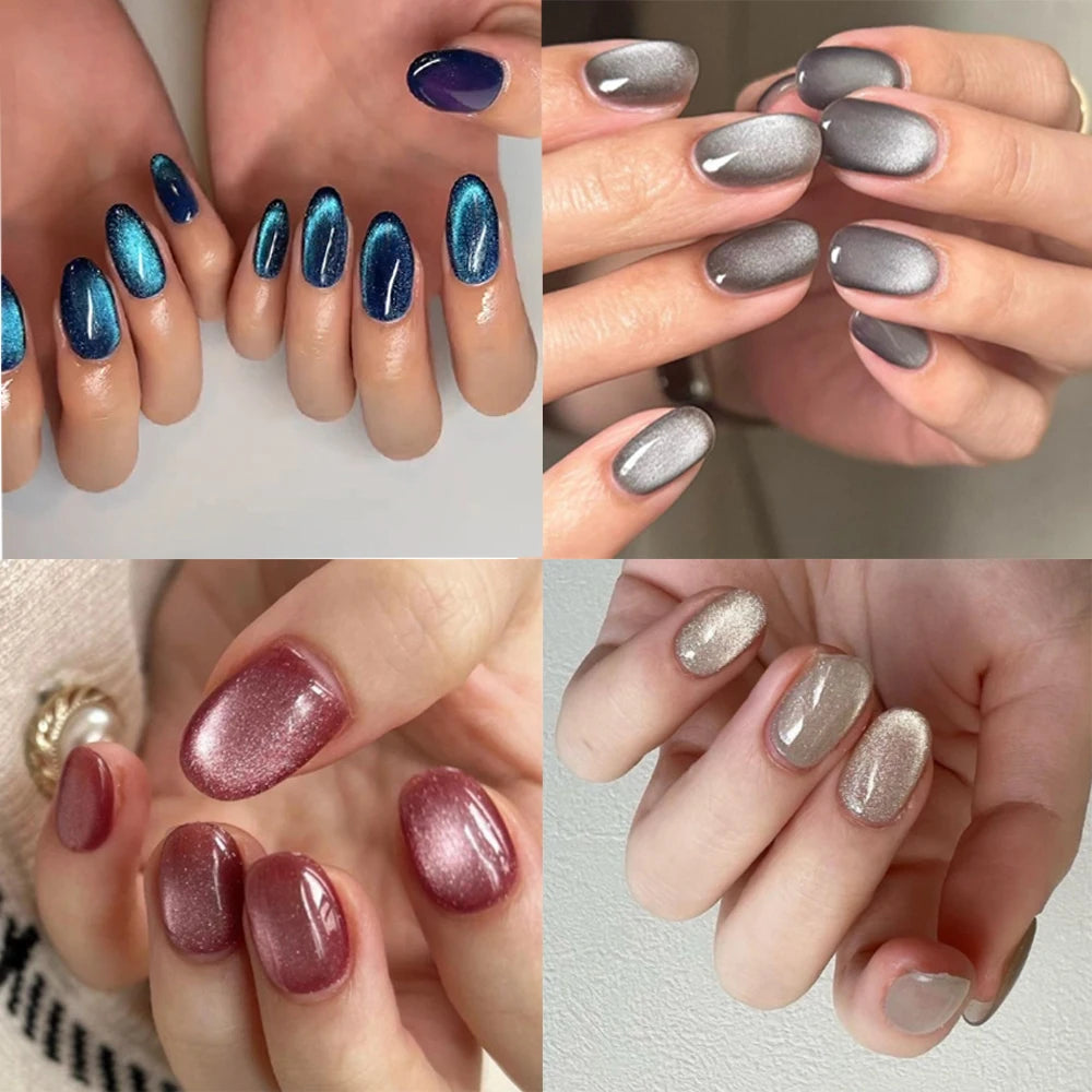 24pcs/set cat eyes fake nails for women girls red brown green blue grey sparkling short tips faux ongles press on false nail