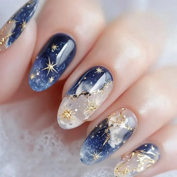 Medium fake nails for women gilrs gradient blue pink starry sky star moon Y2K design Almond nail tips press on false nail set