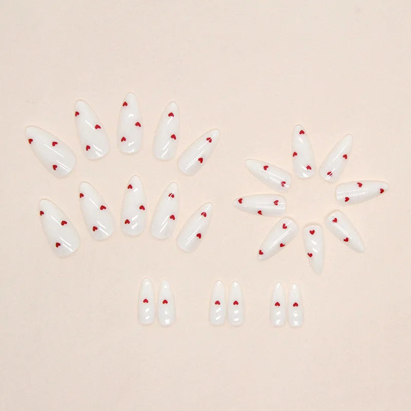 24PCS- white almond fake nails, red love pattern decoration, exquisite elegance, fashion generous, suitable for dating, dinner,