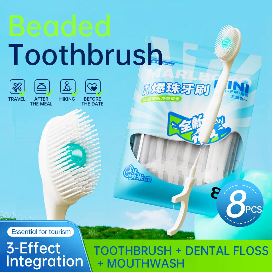 Portable and individually packaged 3-in-1 nano brush head toothbrush floss disposable toothbrush for adults on business trips