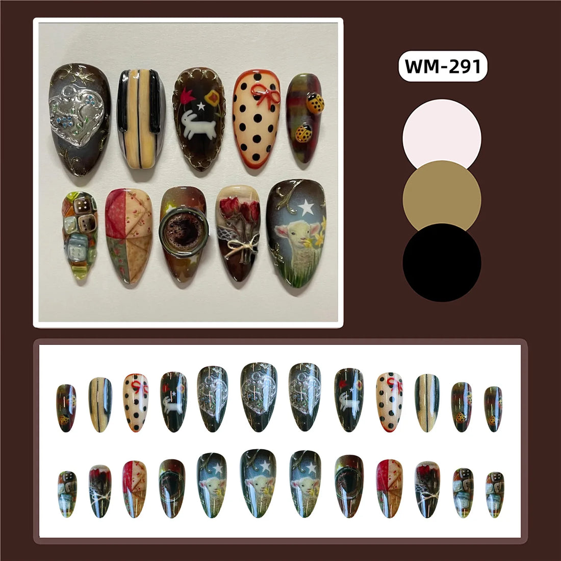 24pcs Vintage Country Style False Nails Cute Cartoon Little Lamb Rabbit Rose Printed Press On Nails Wave Point Bows Fake Nail