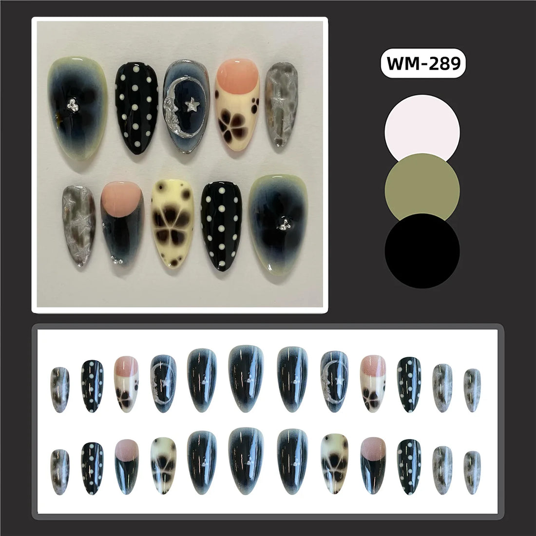 24pcs Smudging Flower Press On Nails Wave Point Designs French Style Almond False Nails Y2k Sweet Cool Fake Nail For Spicy Girls