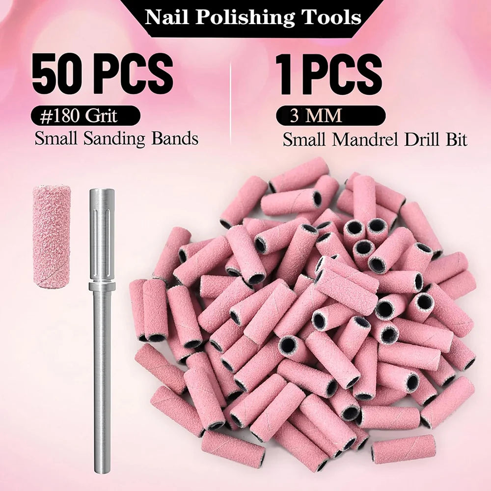 Pink 3MM Sanding Bands 50 Pcs With Mandrel Bit Se 180 Fine Grit Small Nail Files Sanding Band for Acrylic Nails Gel Manicure