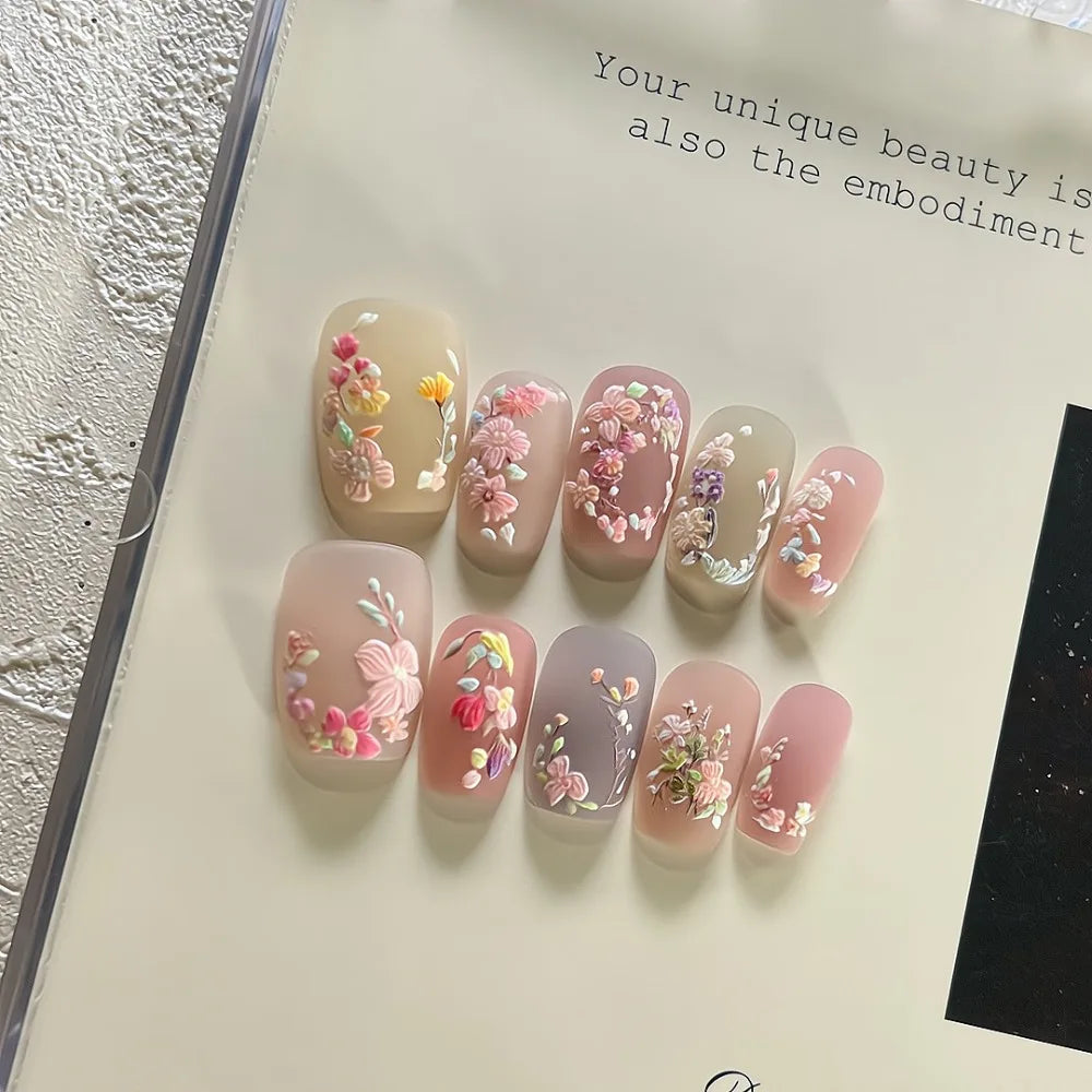 10Pcs 3D Embroidery Feel Colorful Flowers Caramel Iced Coffee Camellia Gilded Gold Wearing Armor Press on Nails Trend Nail Art