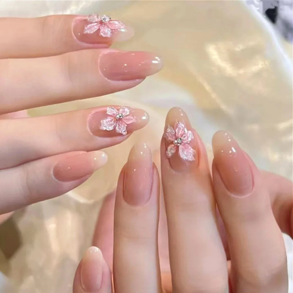 Pink Magic Mirror French 3D Flowers Nail Art Fashion Almond Wearable False Nails Detachable Finished Fake Nails Press on Nails