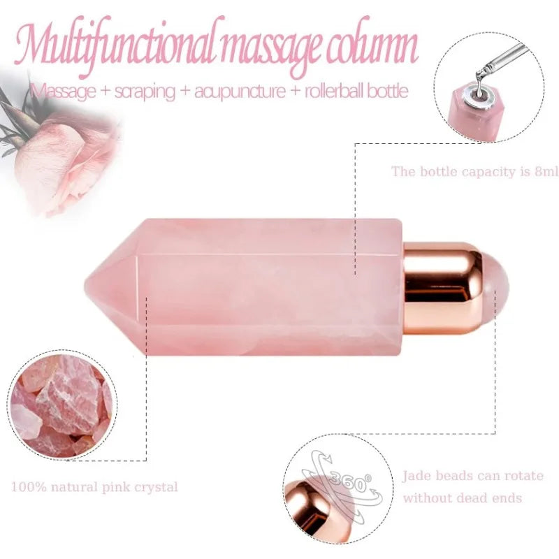 Rose Quartz Crystal Essential Oil Roll Bottle Beauty Massage Skin Care Tool for Facial Neck Body Muscle Relaxation