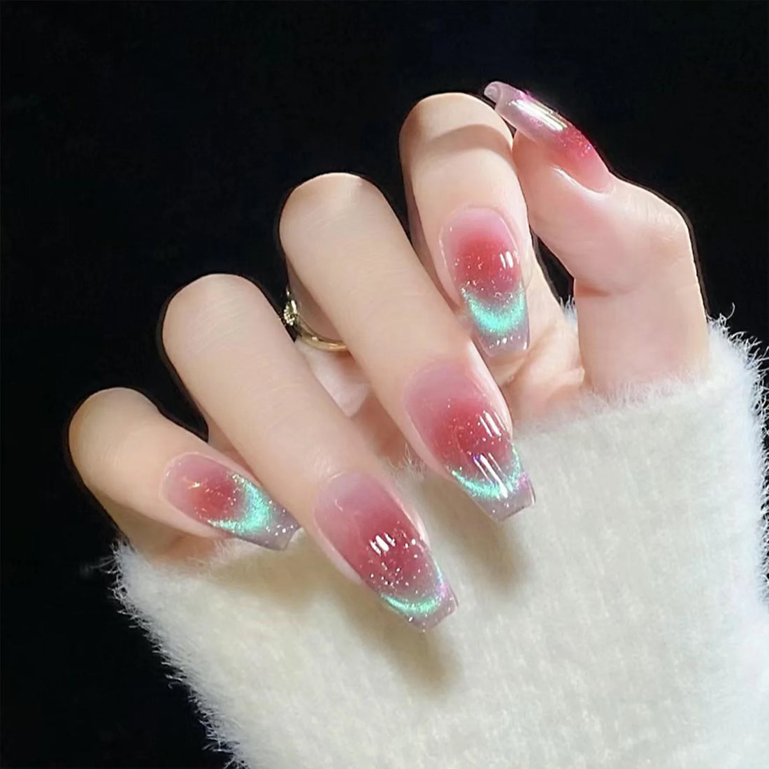 24pcs Round Fake Nails Cat Eye Glitter Press on Nail Full Cover Wearable Artificial Nail Tips for Girls Gifts Free Shipping