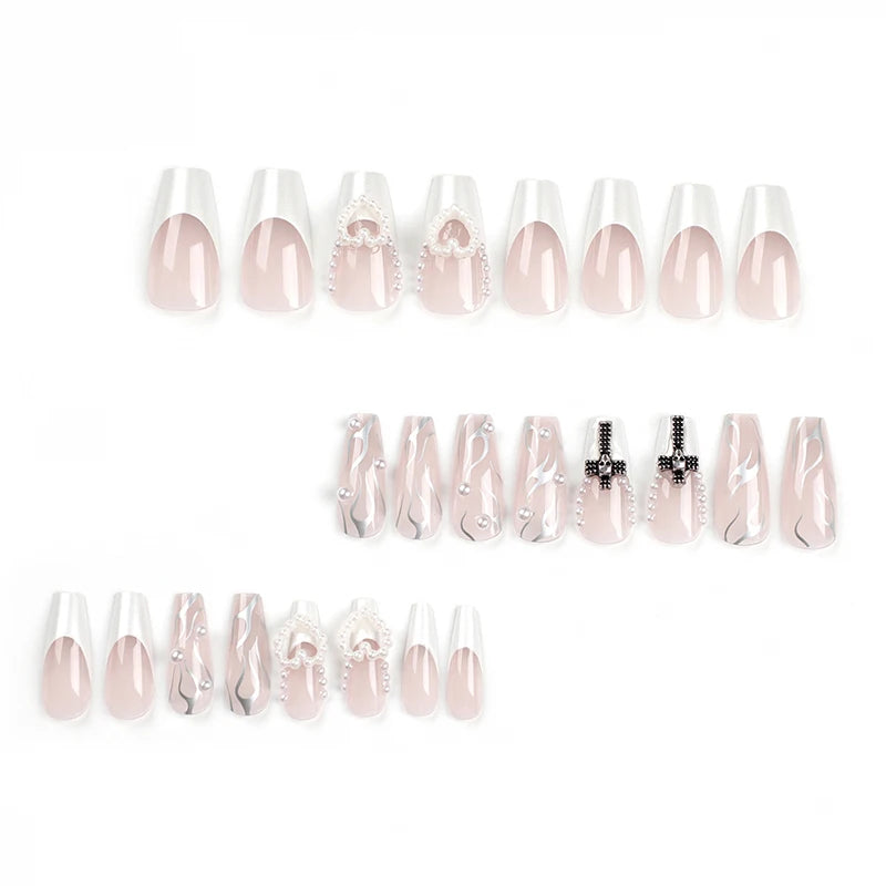 24Pcs Pearl heart Press on Nails Cross French Long Style Fake Nail for Women&Girl Removable Wearable Nail Art