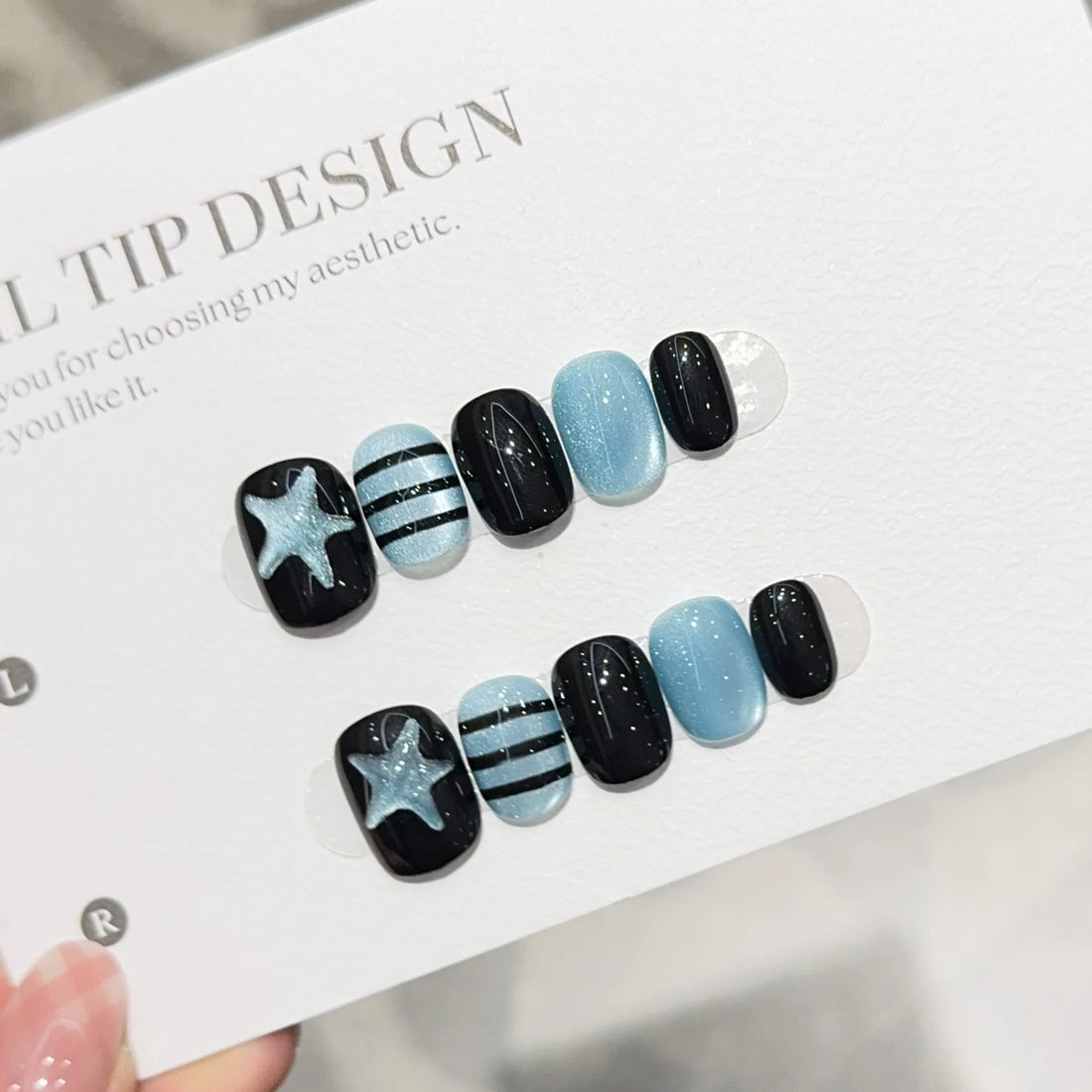 10PCS Blue Cat Eye Handmade Short Square Round Press on Nails Sweet Cool Star Stripes Patterns French Wearable Fake Nails Patch