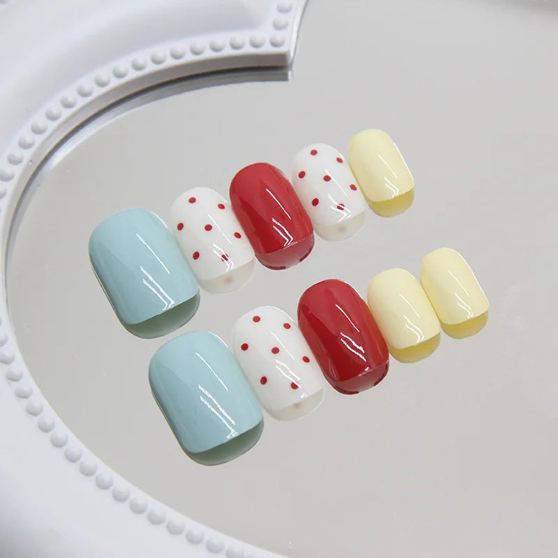 24pcs Retro Polka Press-On Nails - Cherry Red & Lake Blue Dots Short Round Shape (Multi Sizes) Coverage Nail Art Kit