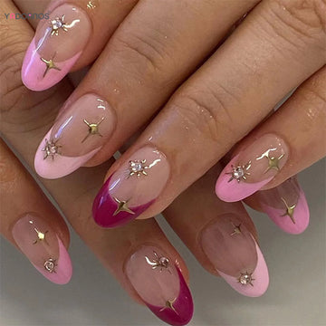 24pcs Short Almond Pink French False Nails Star Design Press on Nails Fake Nails DIY Manicure Detachable Stick-on Nail Tips